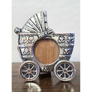 Baby Carriage Pewter Picture Frame Holland Boone With Wooden Back & Easel Stand